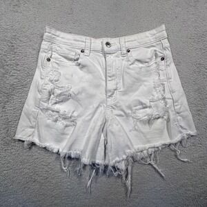 American Eagle White Denim Shorts‎ Distressed Frayed Hem Stretch Size 6